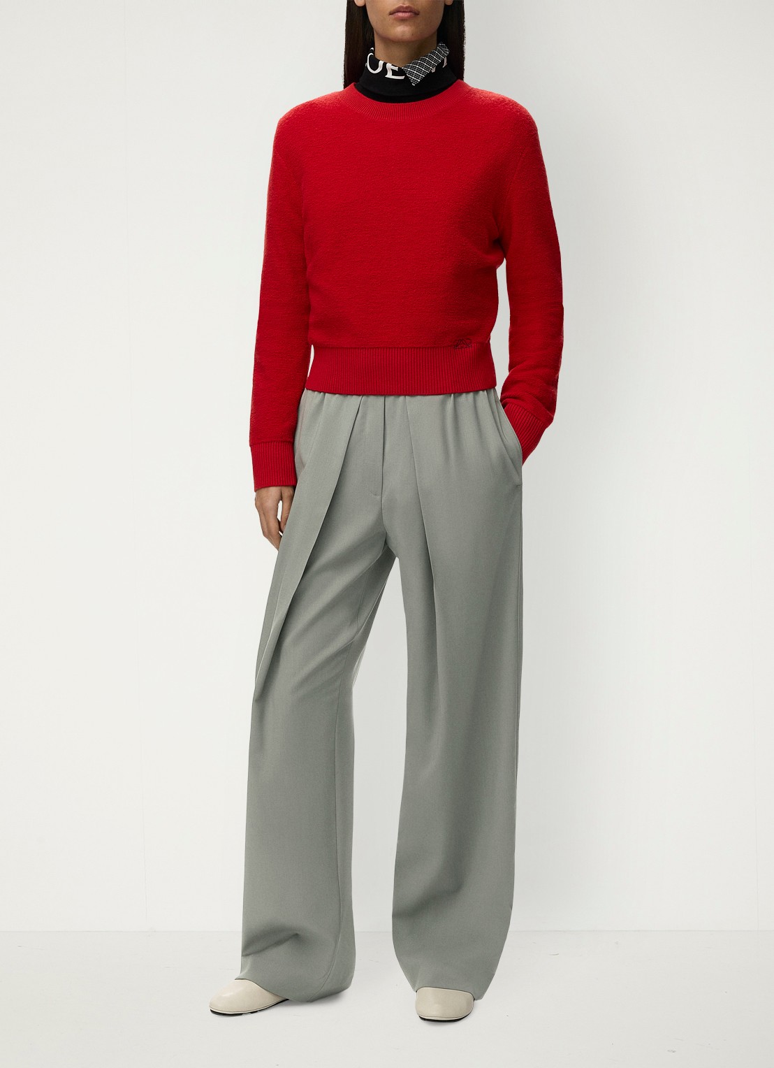 LOEWE High waist wide fit pantalon in wolblend met logo - voorkant 3 grijs