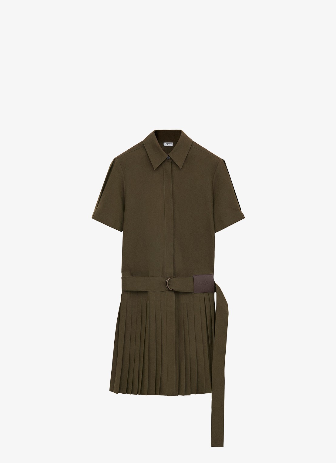 LOEWE Mini blousejurk met ceintuur en plissé - voorkant 2 khaki