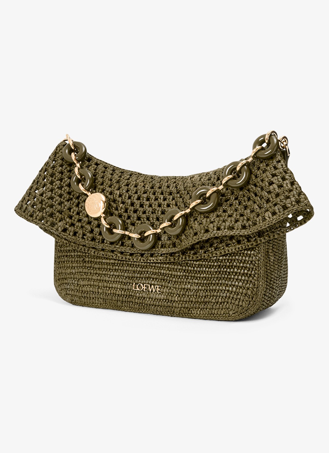 LOEWE Ola Medium schoudertas van raffia met kalfsleren details - detail 2 legergroen