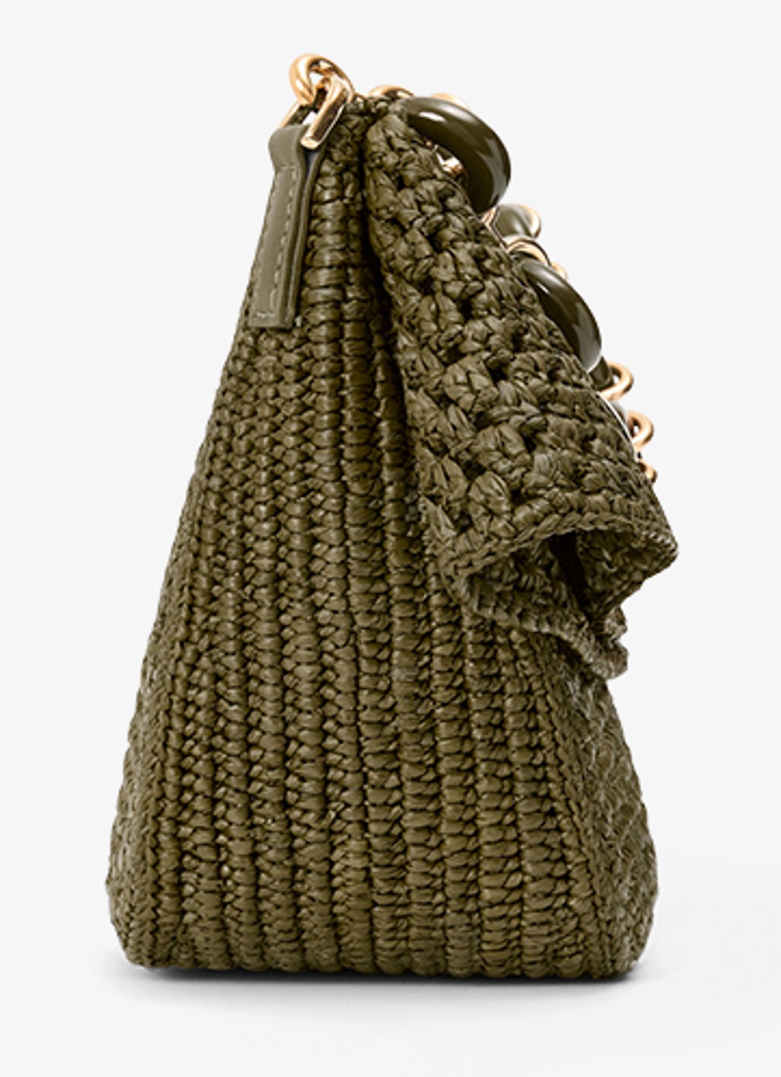 LOEWE Ola Medium schoudertas van raffia met kalfsleren details - detail 3 legergroen