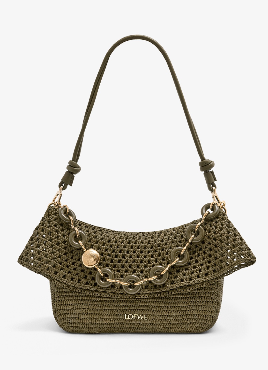 LOEWE Ola Medium schoudertas van raffia met kalfsleren details - detail 4 legergroen