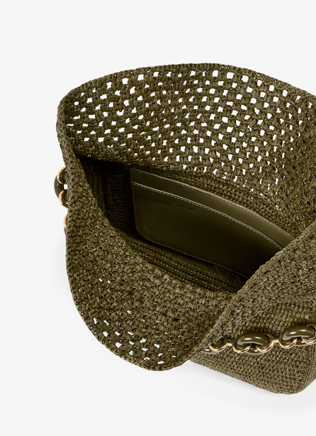 LOEWE Ola Medium schoudertas van raffia met kalfsleren details - detail 5 legergroen
