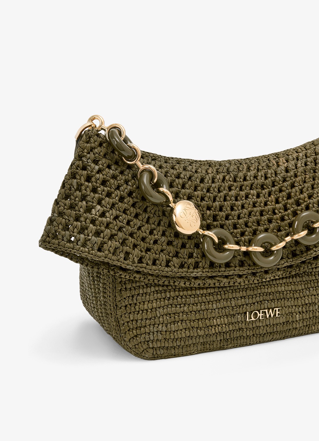 LOEWE Ola Medium schoudertas van raffia met kalfsleren details - detail 6 legergroen