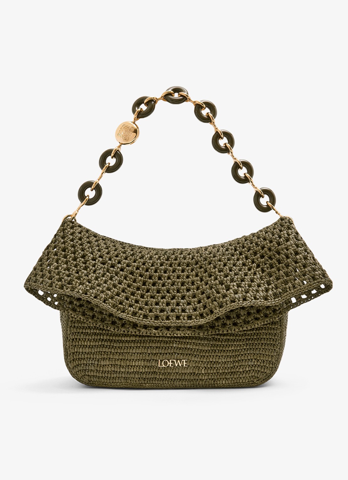 LOEWE Ola Medium schoudertas van raffia met kalfsleren details - voorkant 8 legergroen