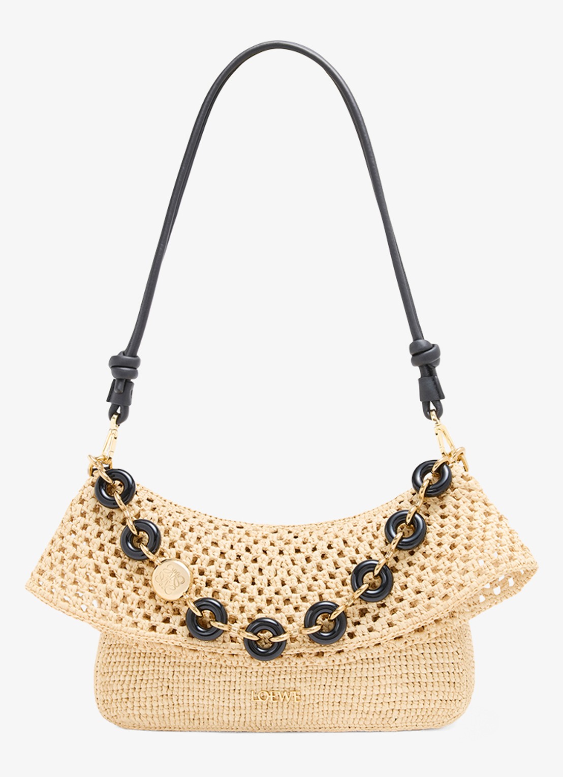 LOEWE Ola Medium schoudertas van raffia met kalfsleren details - detail 4 beige