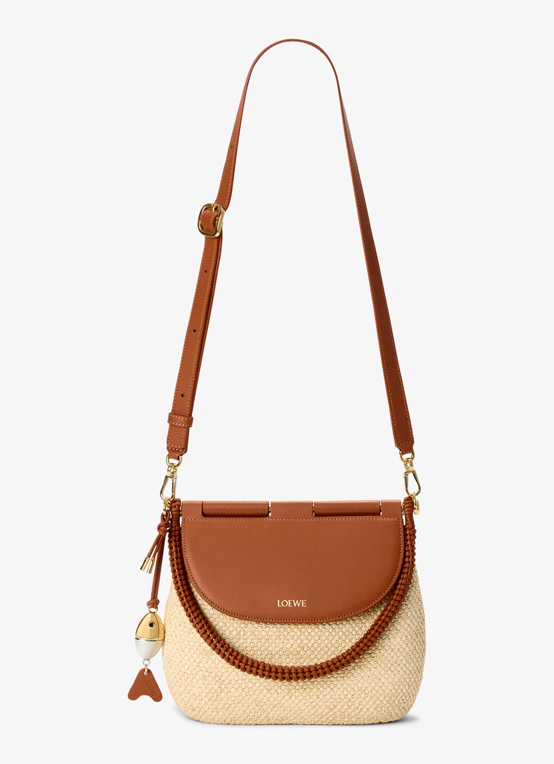 LOEWE Pescador Medium schoudertas van raffia met kalfsleren details - detail beige