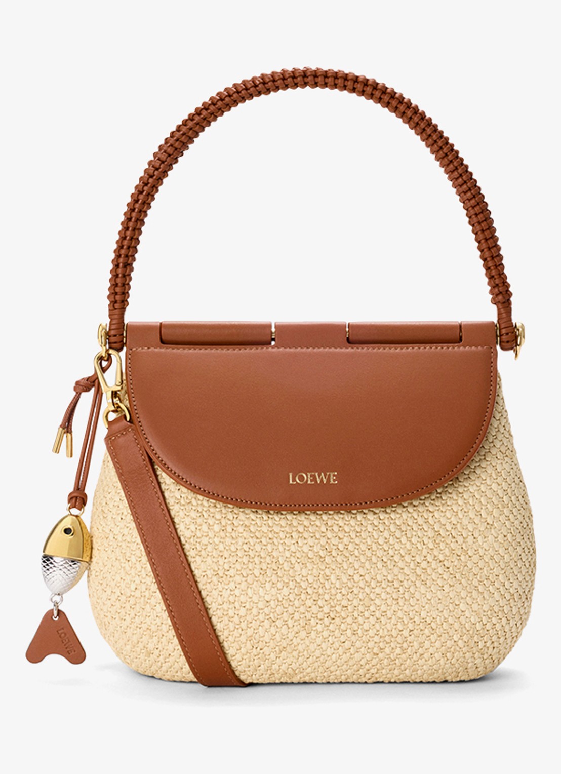 LOEWE Pescador Medium schoudertas van raffia met kalfsleren details - voorkant 6 beige