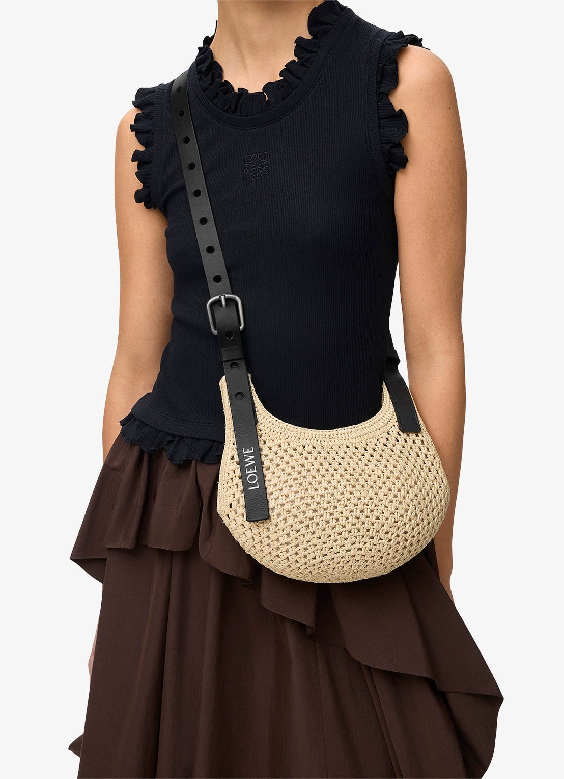 LOEWE Punch Hole Mini crossbodytas van raffia - voorkant 6 beige