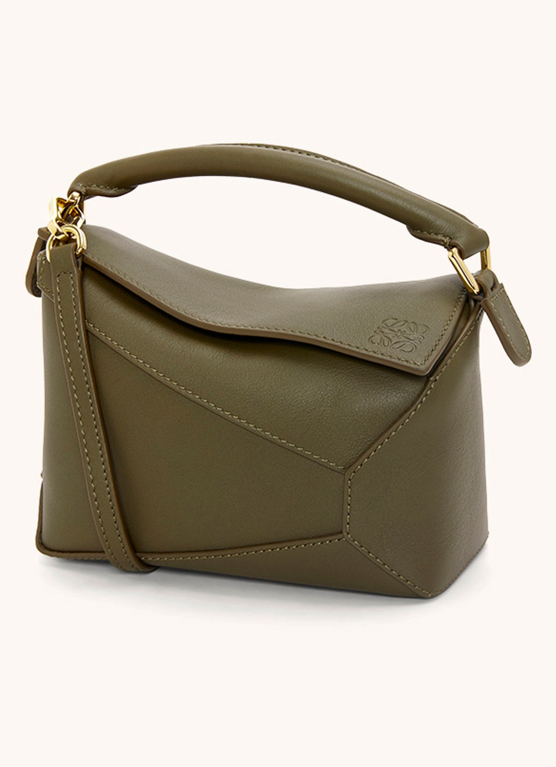 LOEWE Puzzle Edge Mini handtas van kalfsleer - voorkant bronsgroen