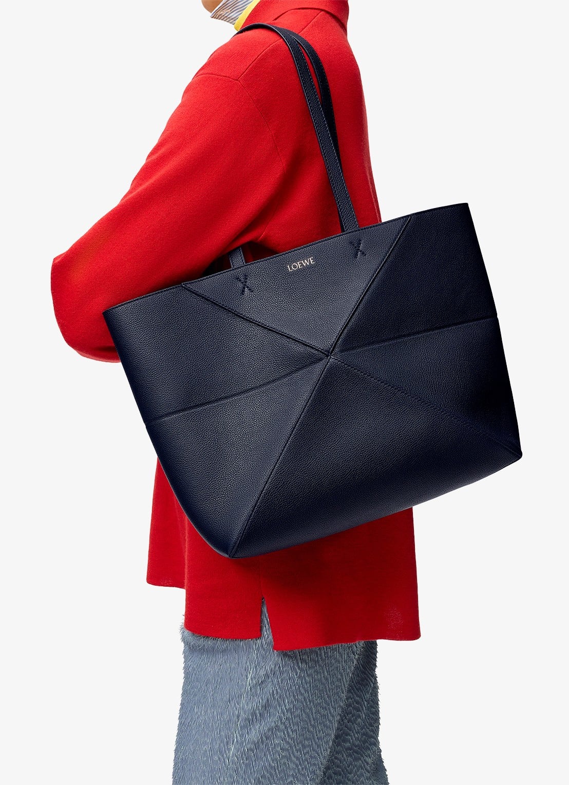 LOEWE Puzzle Fold Horizontal Medium shopper van kalfsleer - voorkant 2 donkerblauw