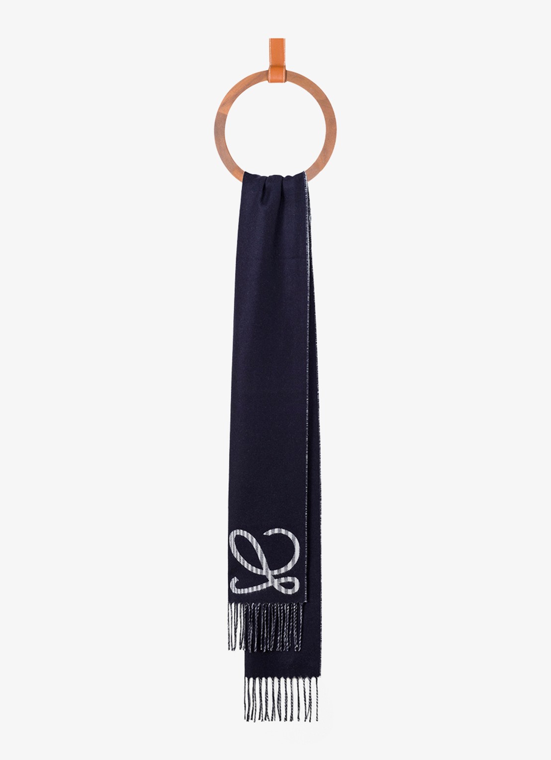LOEWE Reversible fijngebreide sjaal in kasjmierblend met logo 180 x 28 cm - detail donkerblauw