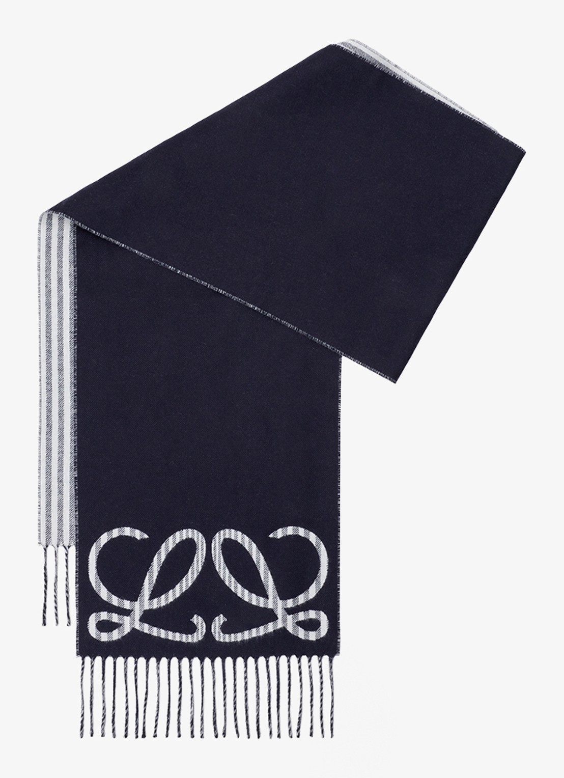LOEWE Reversible fijngebreide sjaal in kasjmierblend met logo 180 x 28 cm - voorkant 4 donkerblauw