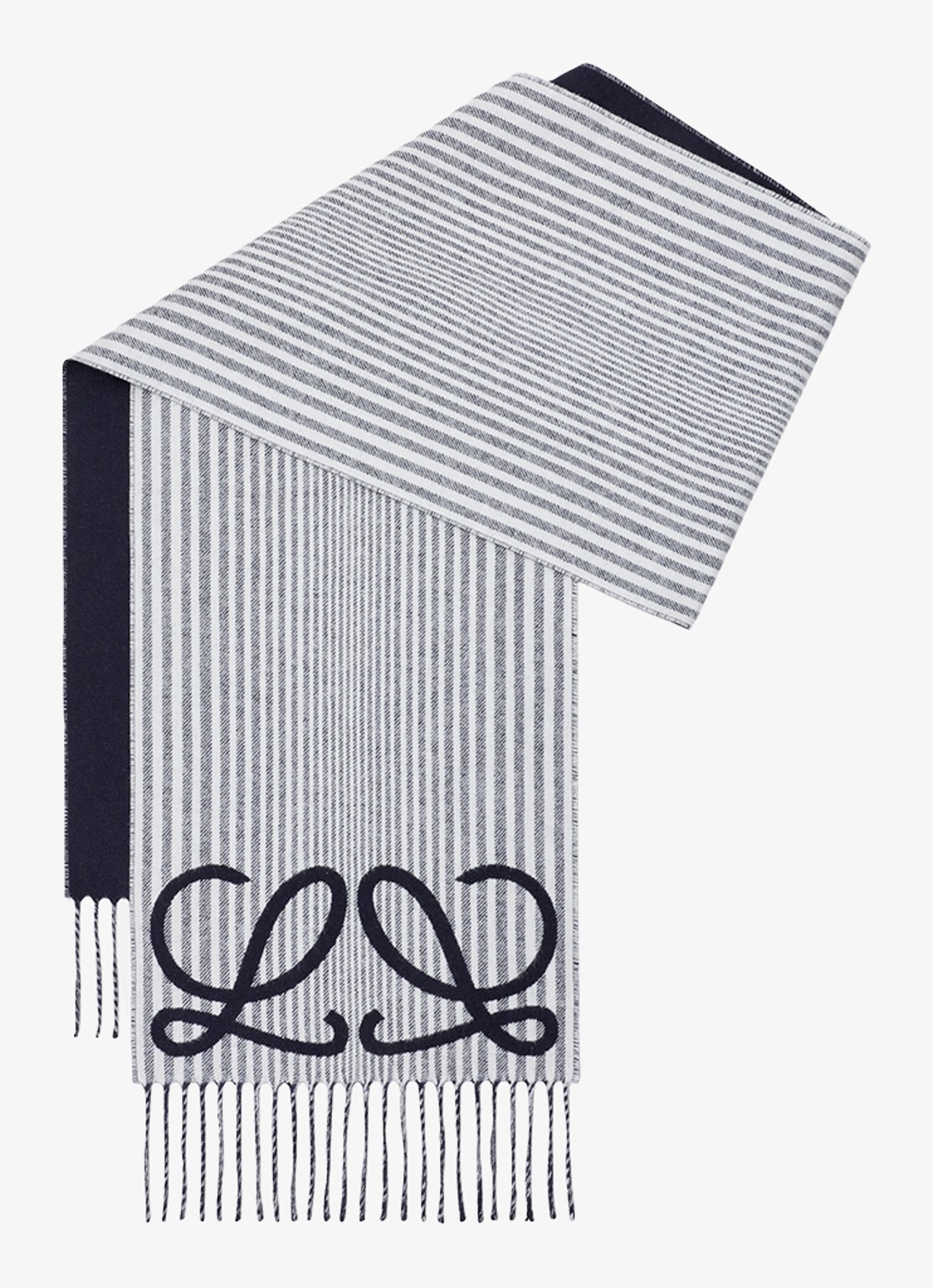 LOEWE Reversible fijngebreide sjaal in kasjmierblend met logo 180 x 28 cm - voorkant 5 donkerblauw