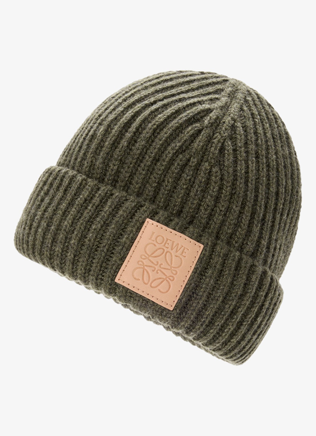 LOEWE Ribgebreide muts van kasjmier met logo - detail donkerkhaki