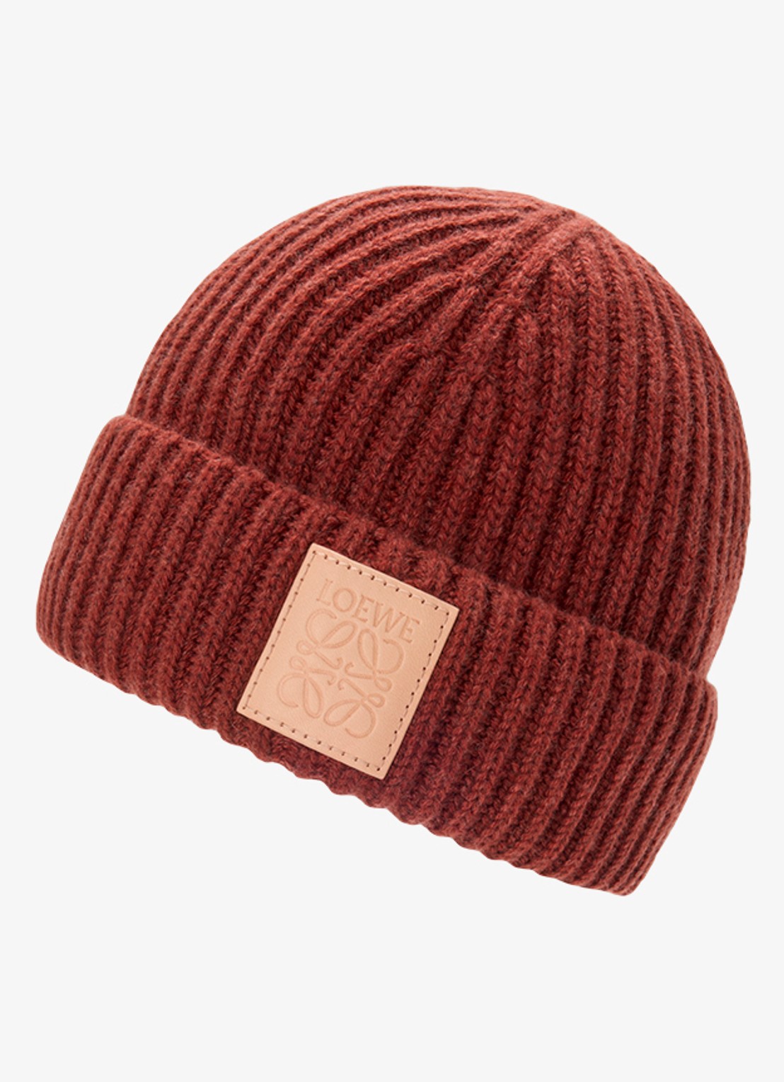 LOEWE Ribgebreide muts van kasjmier met logo - voorkant 2 roodbruin