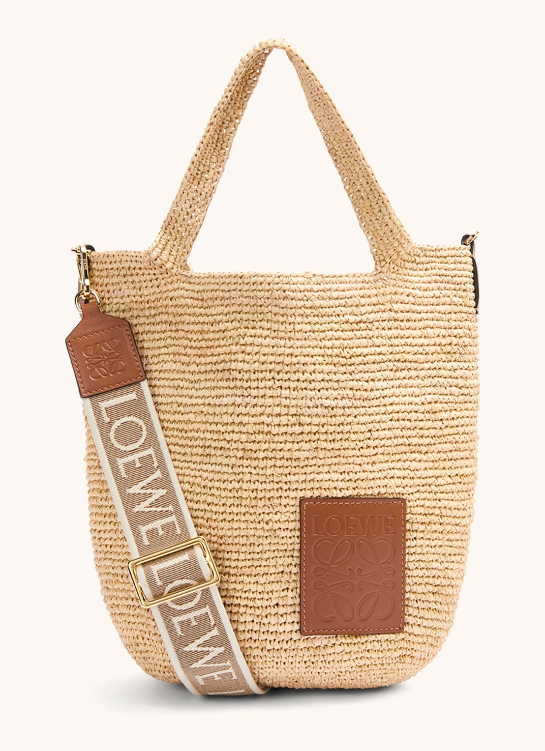 LOEWE Slit schoudertas van raffia met kalfsleren details - voorkant 4 camel