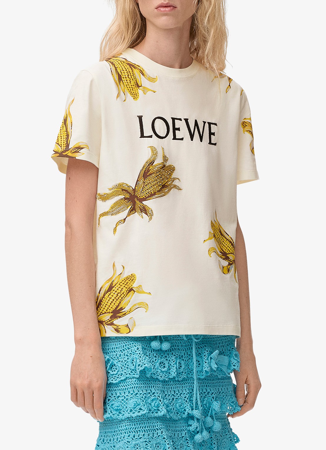 LOEWE T-shirt met logoborduring en strass - detail 4 gebroken wit