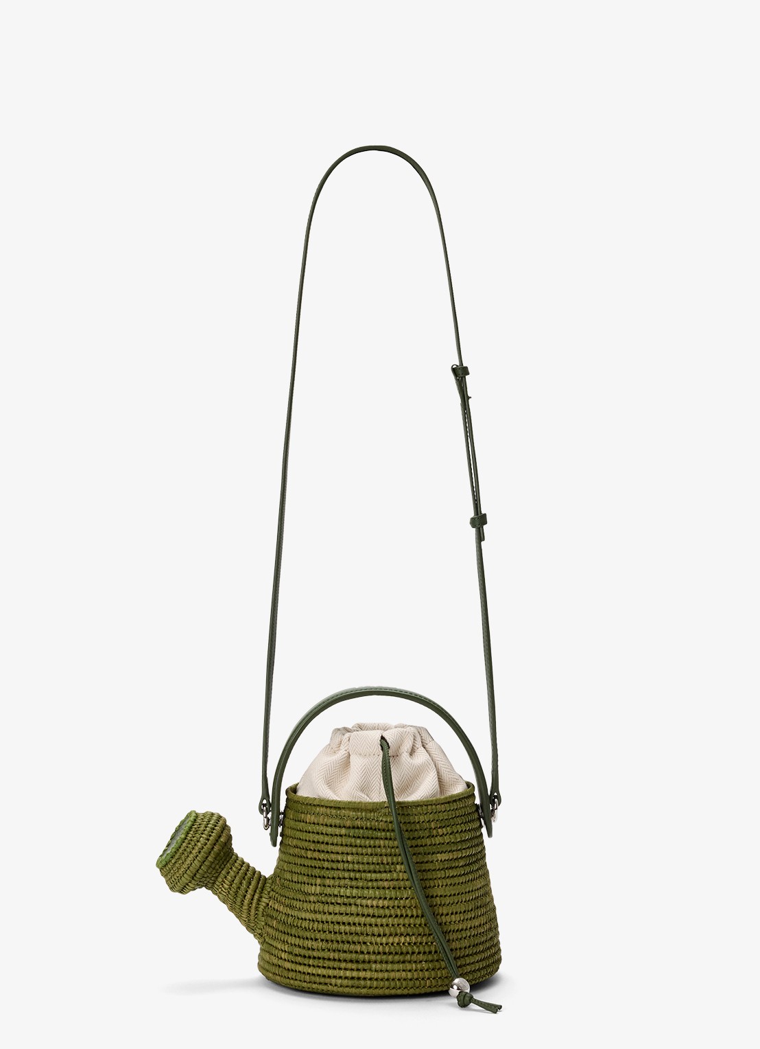 LOEWE Watering Can handtas van raffia met kalfsleren details - detail 3 groen