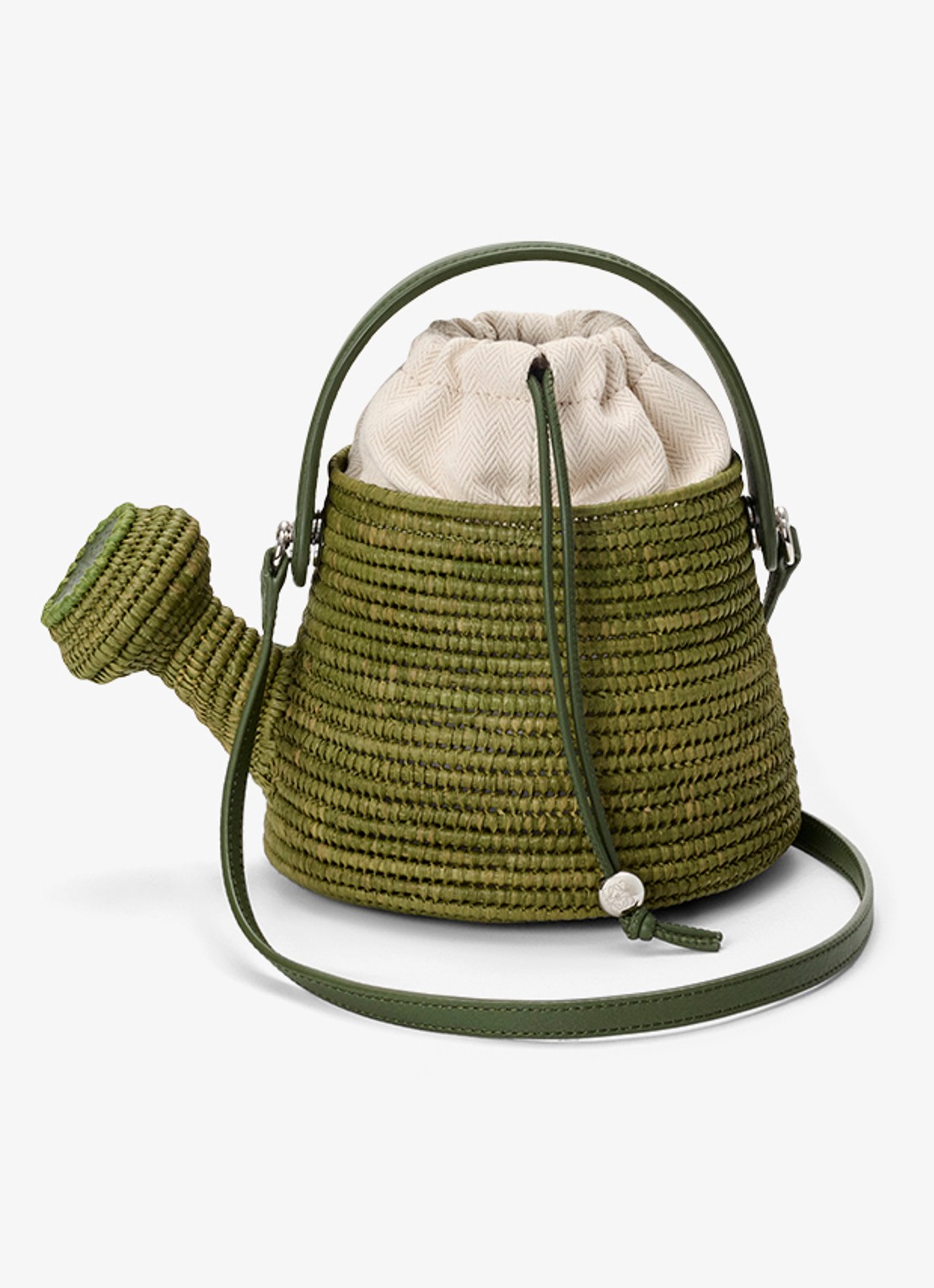 LOEWE Watering Can handtas van raffia met kalfsleren details - voorkant groen