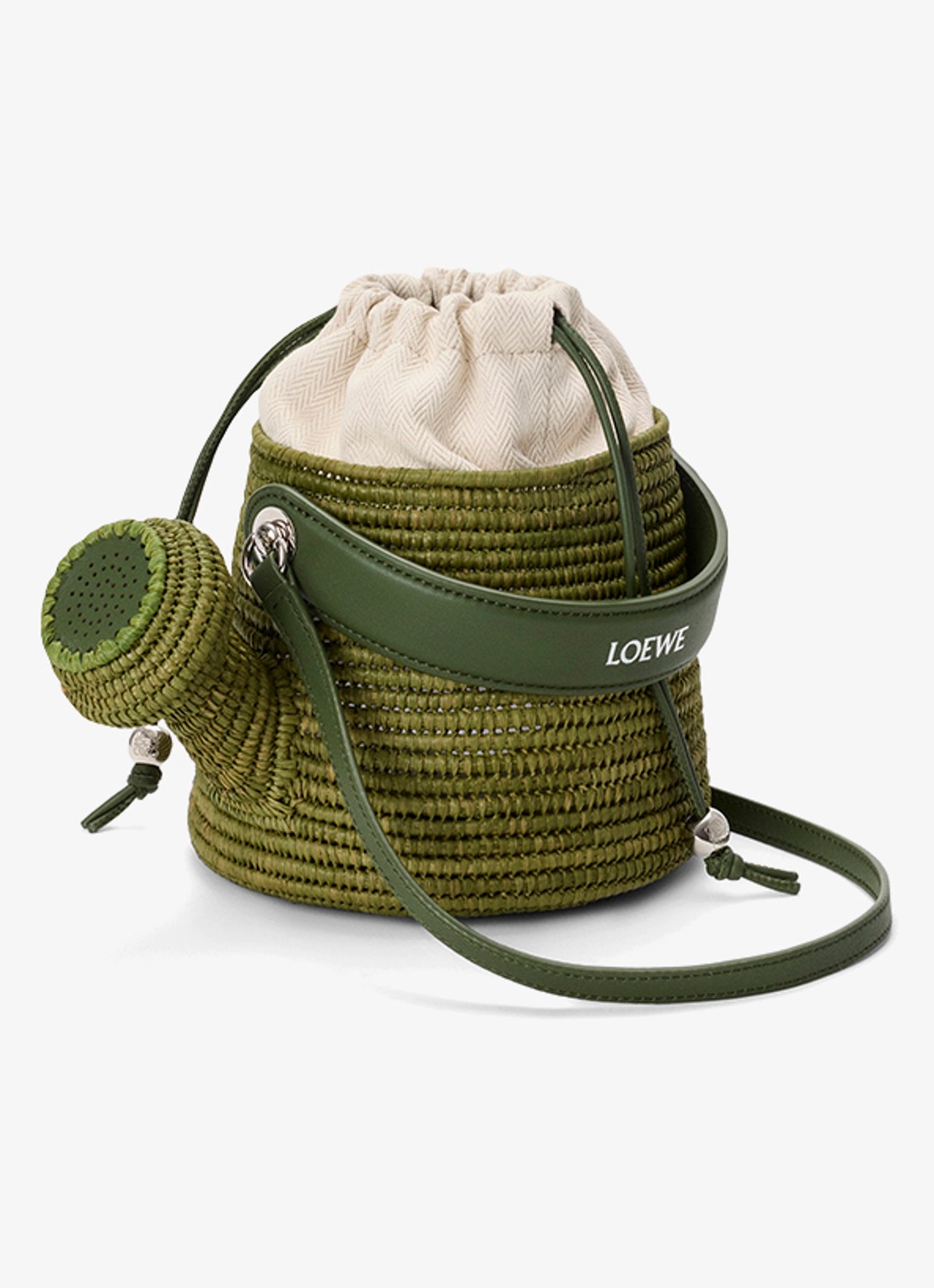 LOEWE Watering Can handtas van raffia met kalfsleren details - voorkant 2 groen