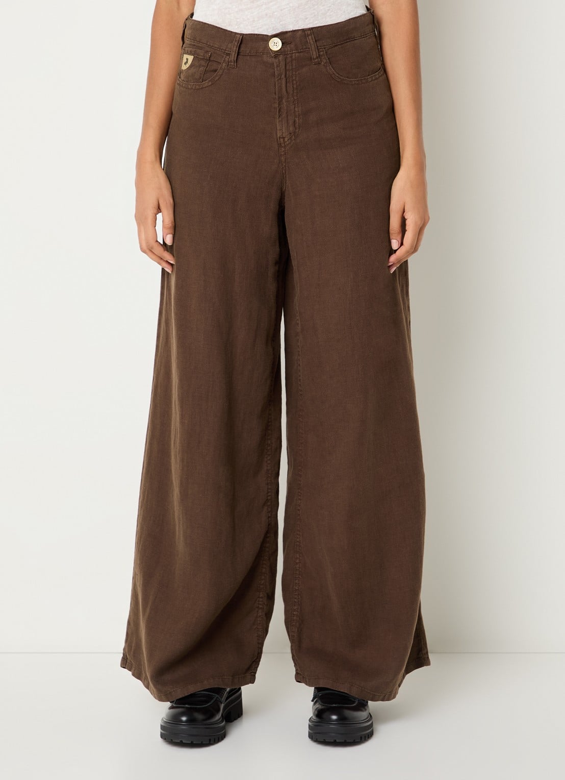 Lois Marlene high waist wide fit broek van linnen met steekzakken - detail 4 donkerbruin