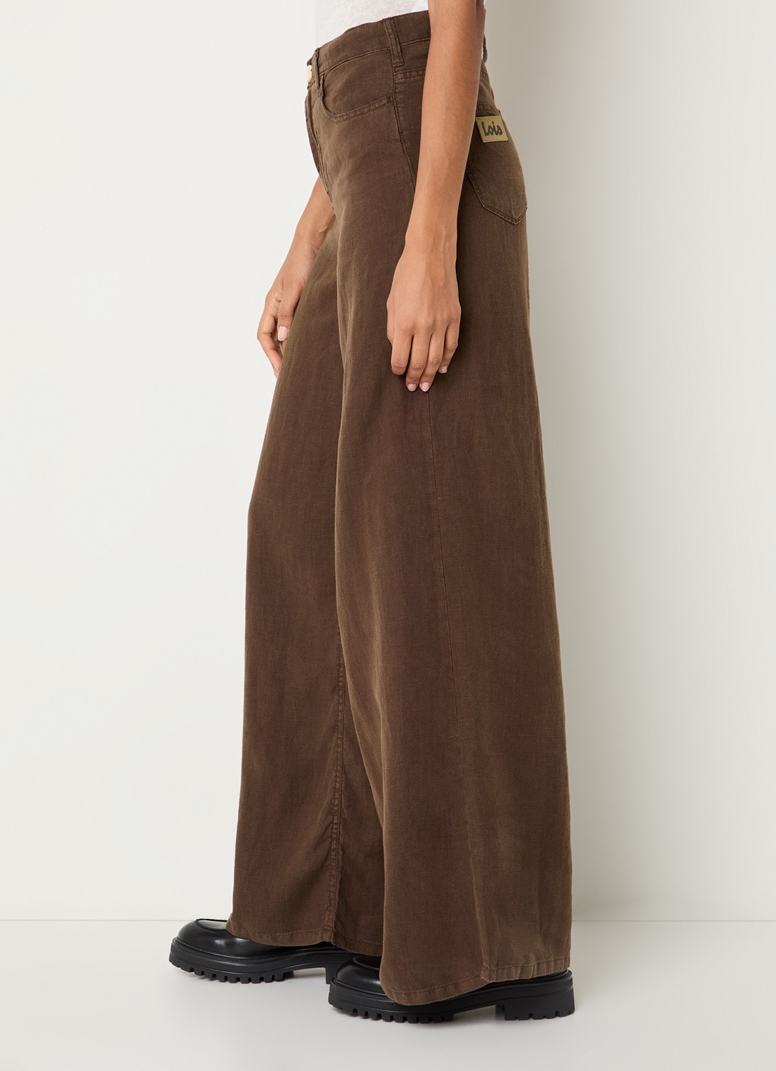 Lois Marlene high waist wide fit broek van linnen met steekzakken - detail 5 donkerbruin