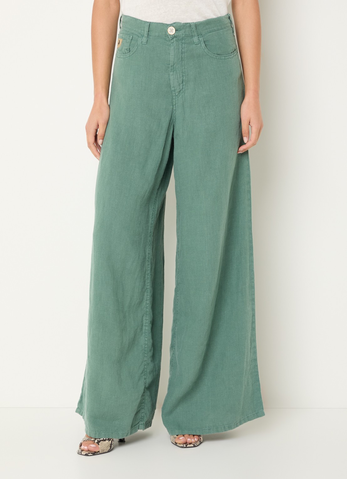 Lois Marlene high waist wide fit broek van linnen met steekzakken - detail 2 zeegroen