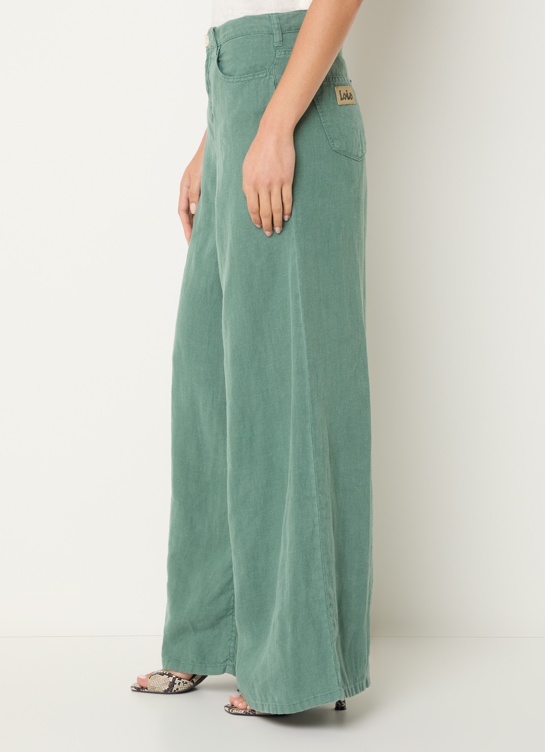 Lois Marlene high waist wide fit broek van linnen met steekzakken - detail 3 zeegroen