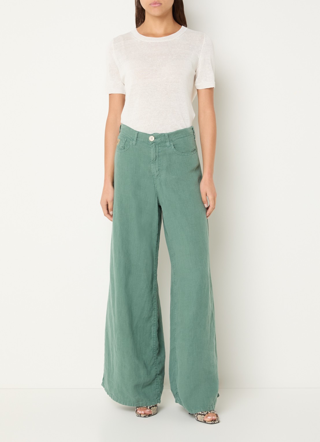 Lois Marlene high waist wide fit broek van linnen met steekzakken - voorkant 5 zeegroen