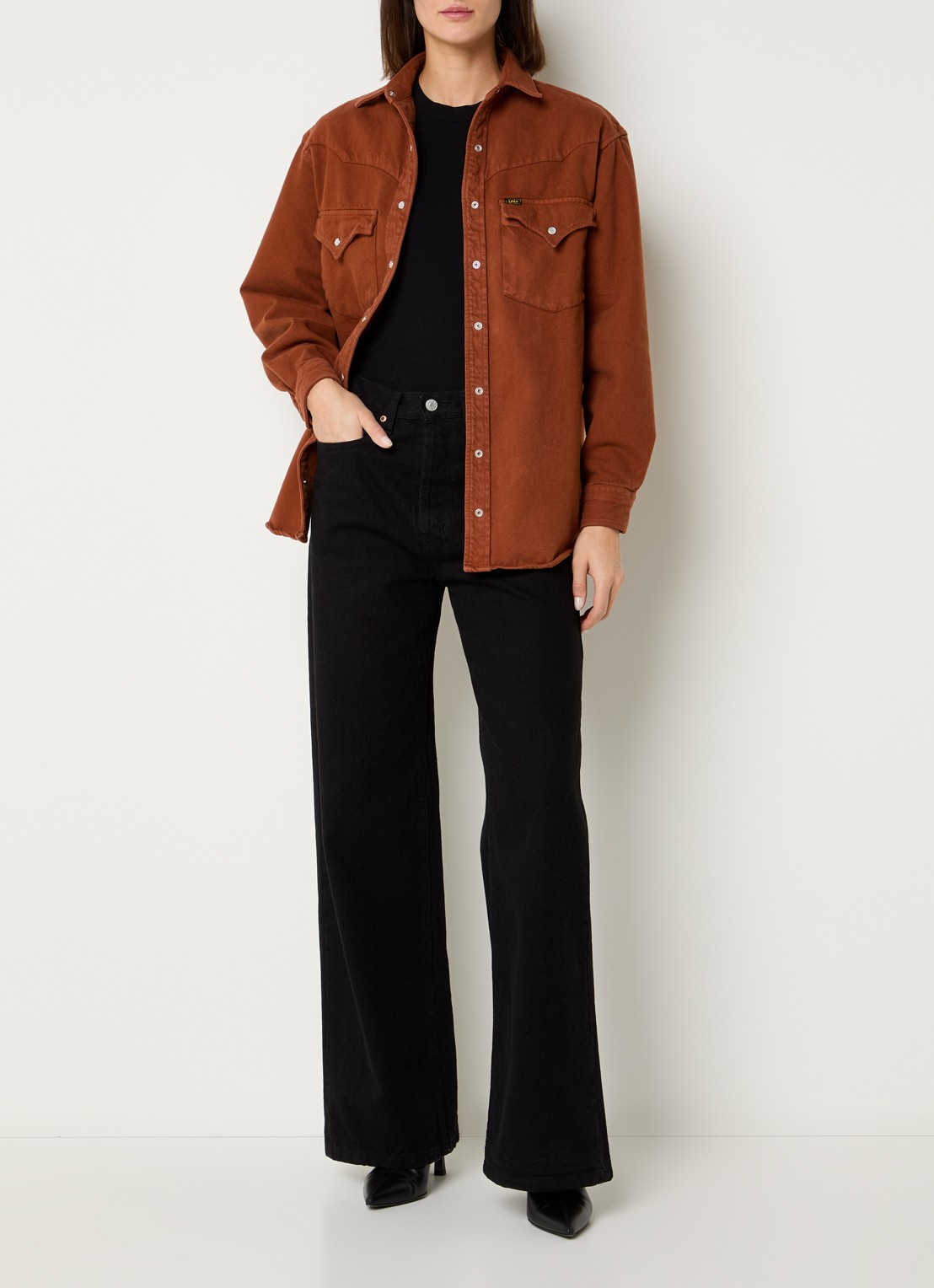 Lois Rafael overshirt van denim met borstzakken - voorkant 4 oranjebruin