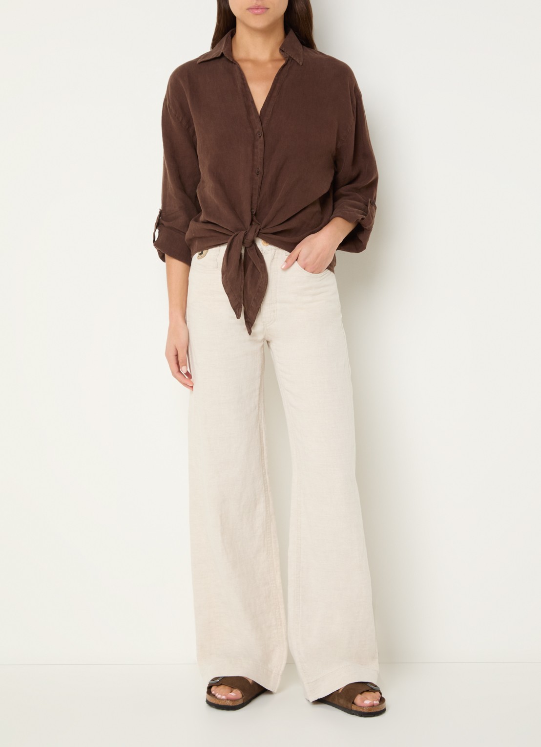 Lois Rosa-R high waist loose fit pantalon in linnenblend - voorkant 3 beige