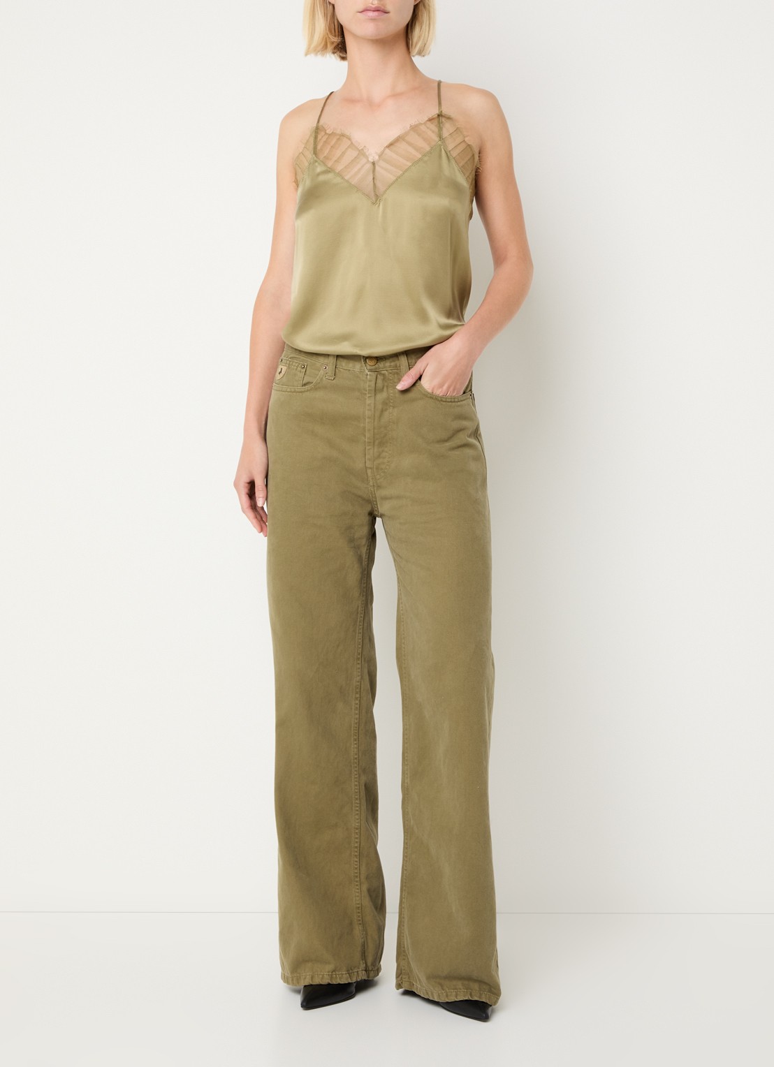 Lois Skater high waist wide leg jeans met gekleurde wassing - voorkant 5 mosgroen