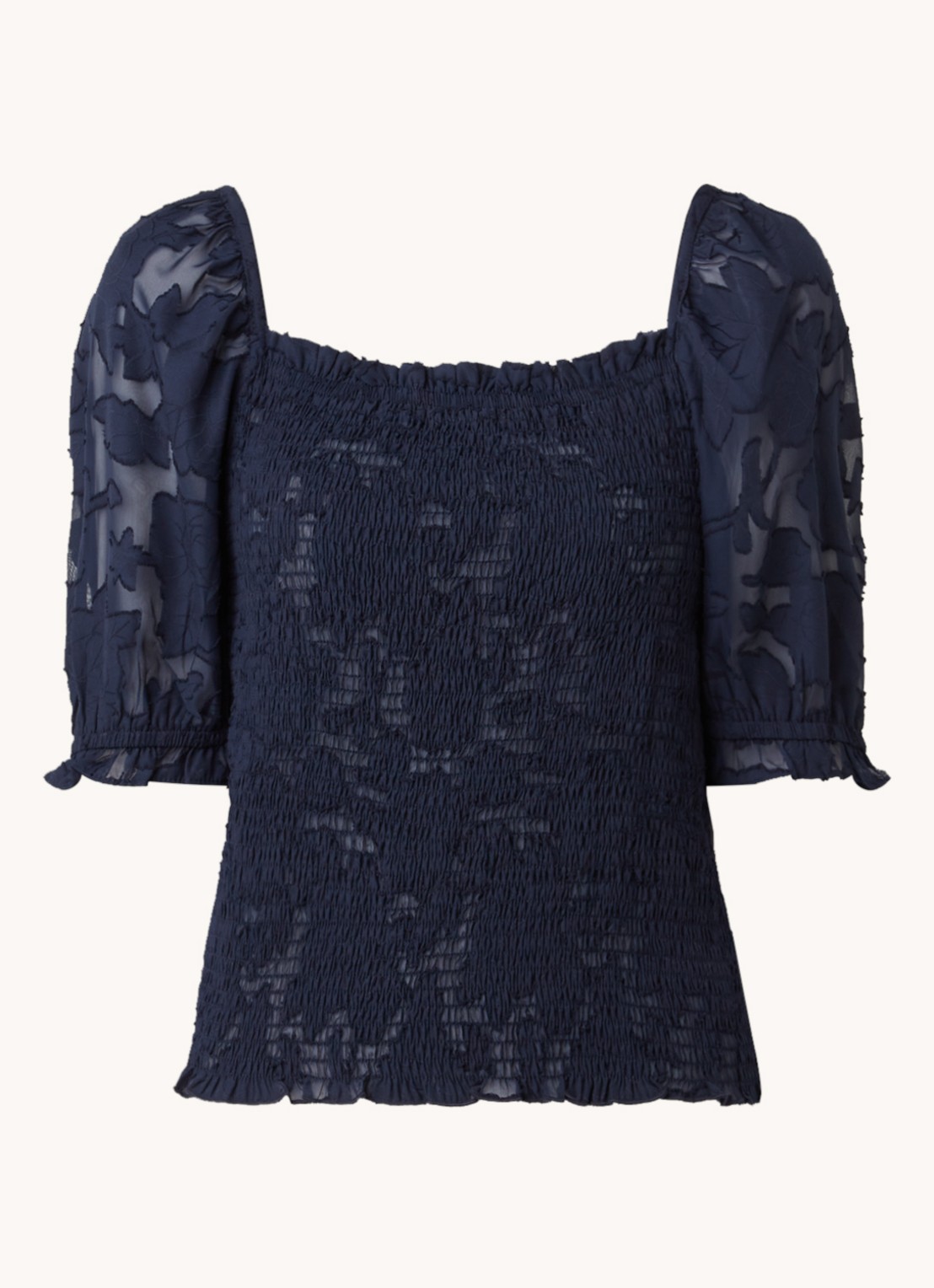 Lollys Laundry Honey top met smockwerk en burn-out dessin - voorkant 3 donkerblauw