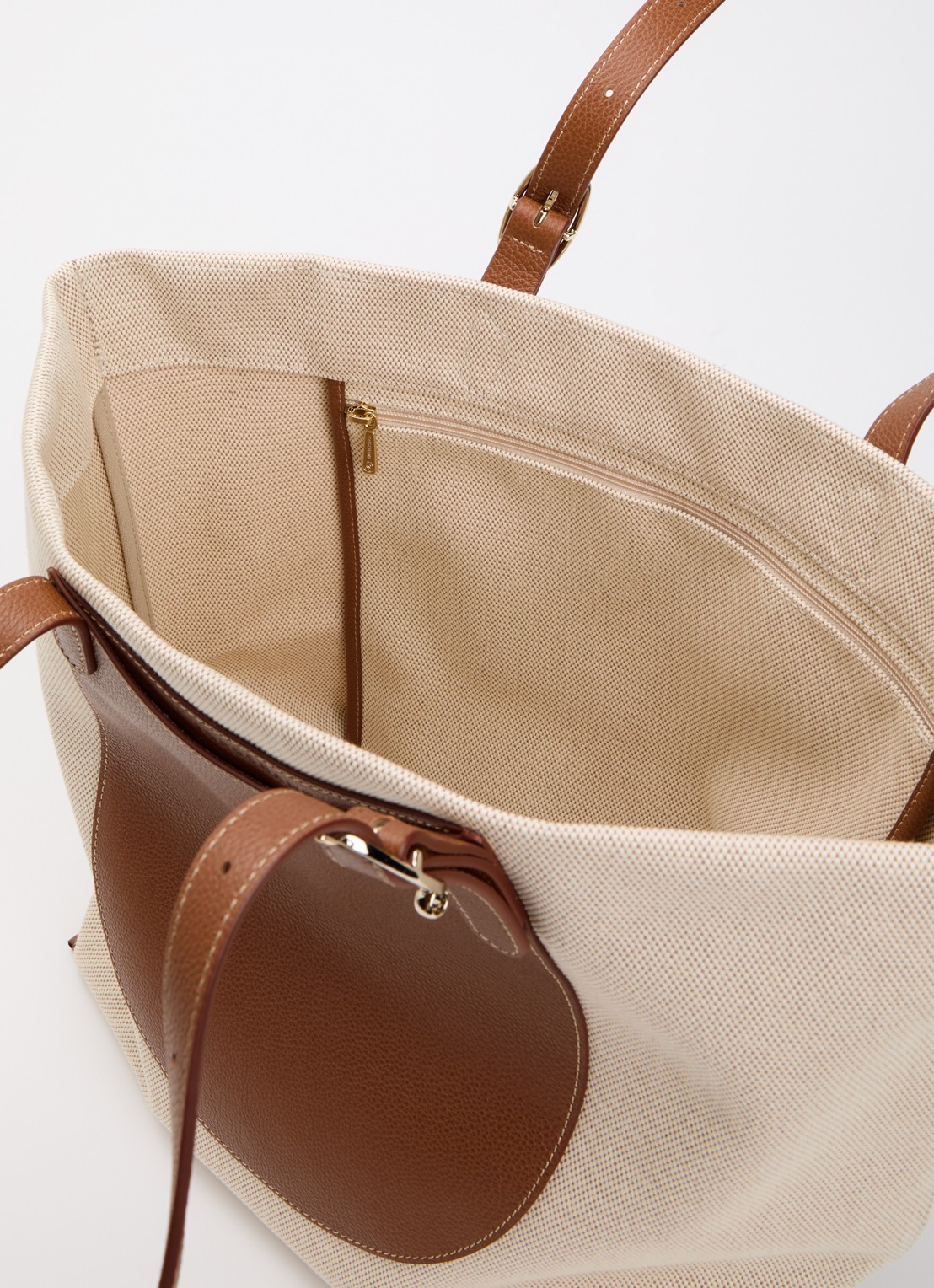 Longchamp Complice shopper XL van canvas met leren details - detail 3 cognac
