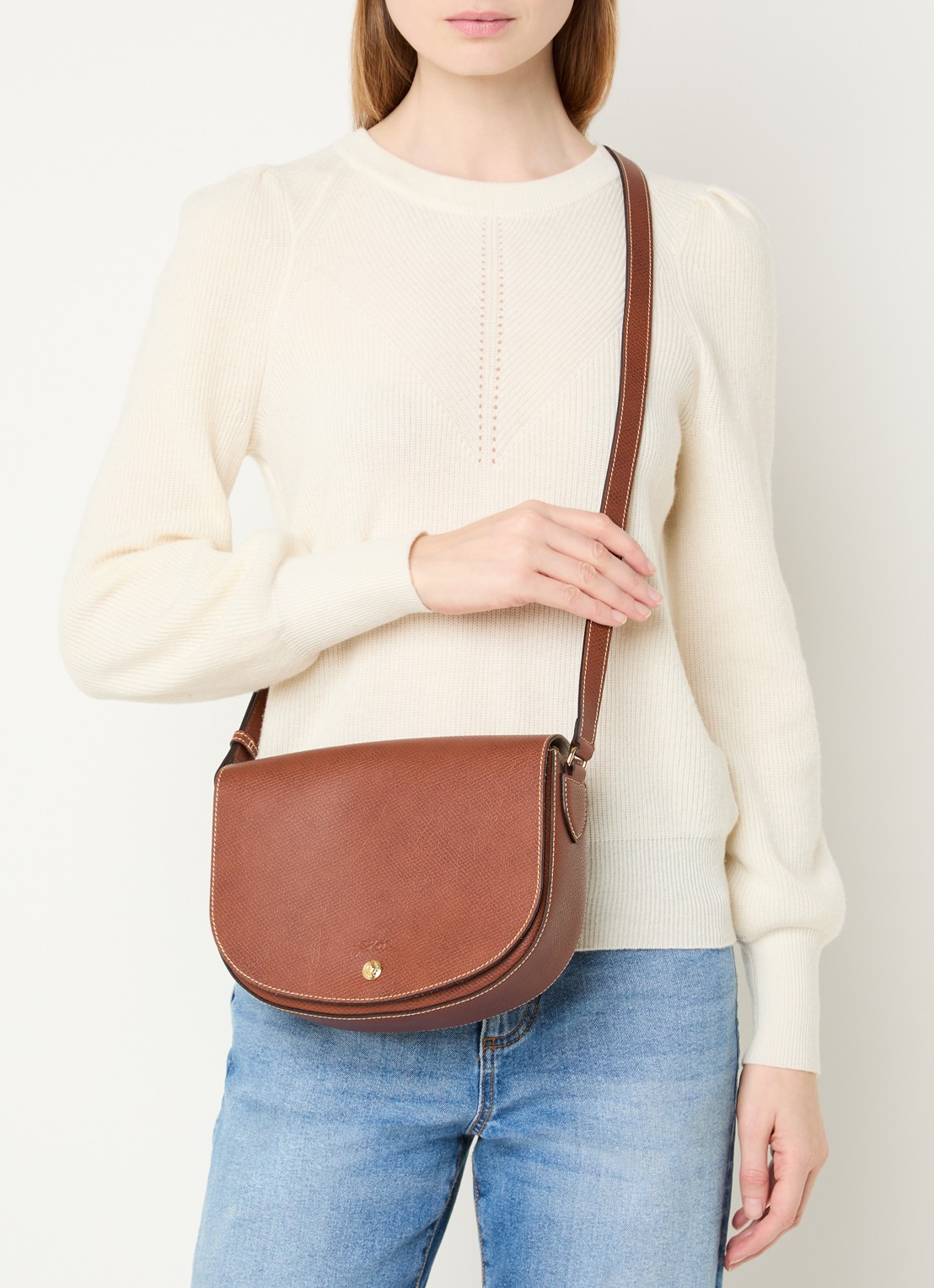 Longchamp Épure crossbodytas M van leer met verstelbare schouderriem  - voorkant 6 roestbruin