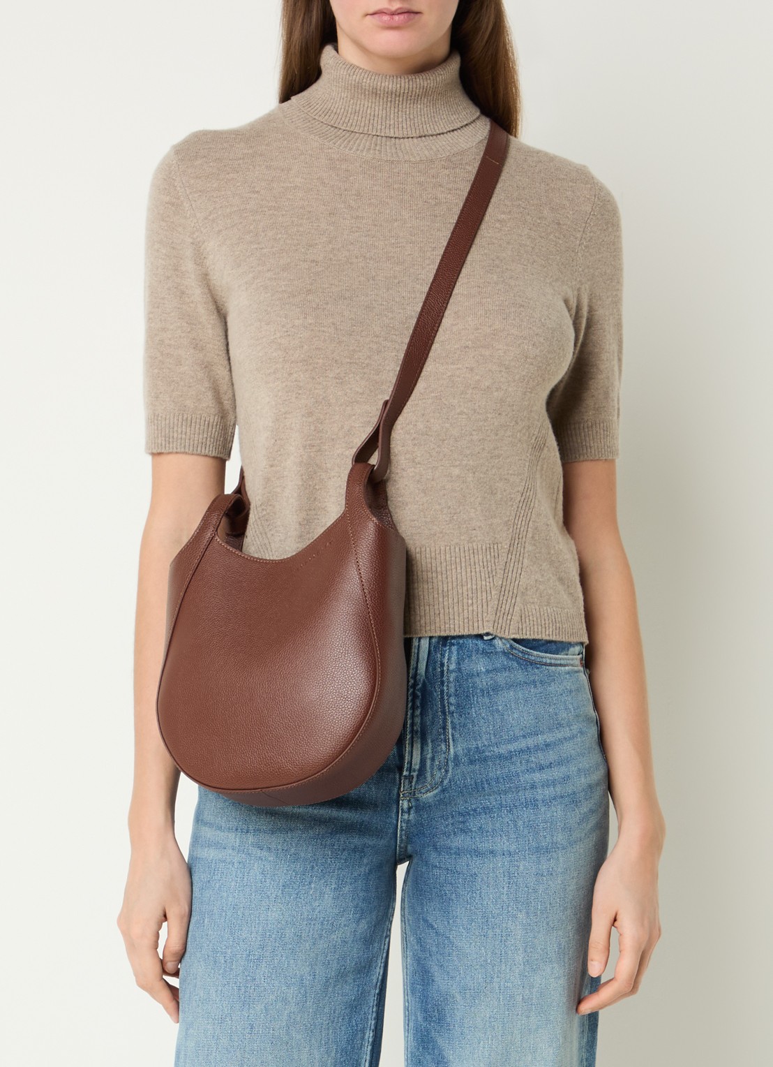 Longchamp Le Foulonné crossbodytas S van leer - voorkant 3 donkerbruin