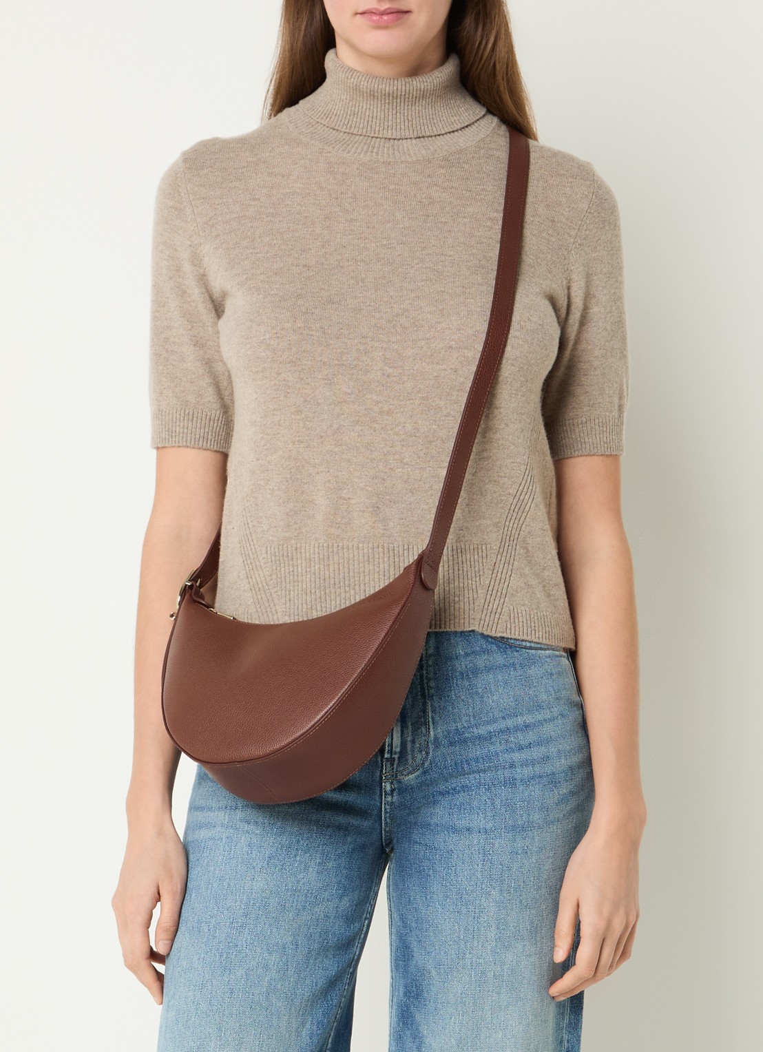 Longchamp Le Foulonné crossbodytas S van leer - voorkant 6 donkerbruin