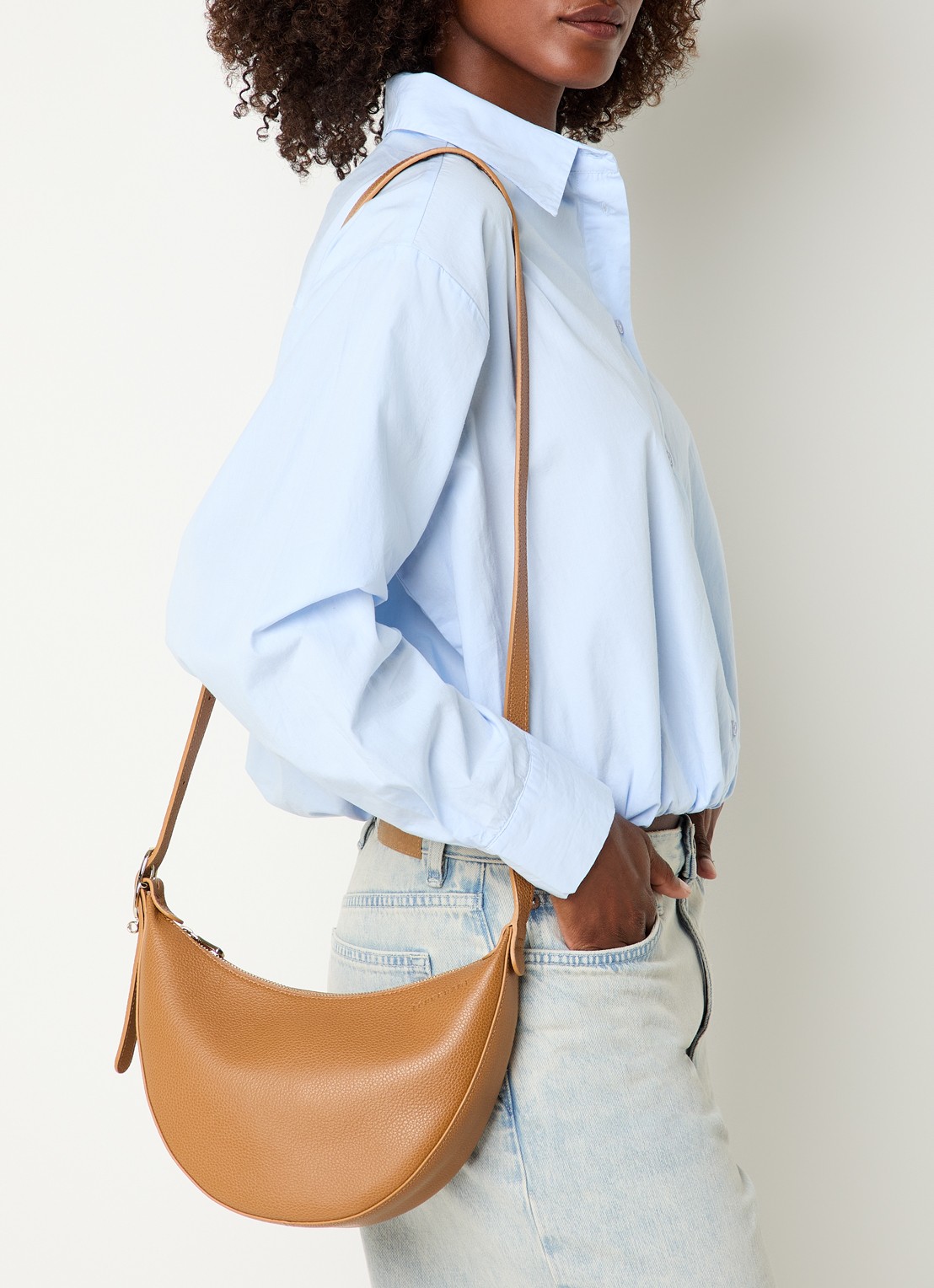 Longchamp Le Foulonné crossbodytas S van leer - voorkant 2 cognac