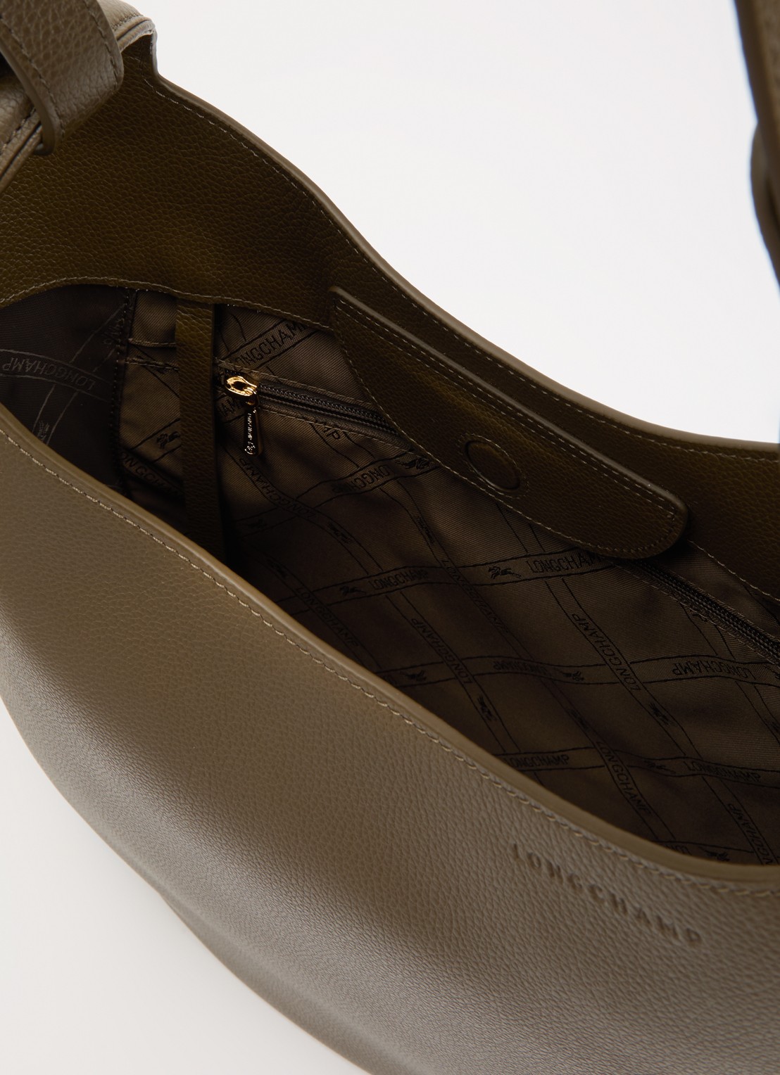 Longchamp Le Foulonné schoudertas L van leer - detail 3 bronsgroen
