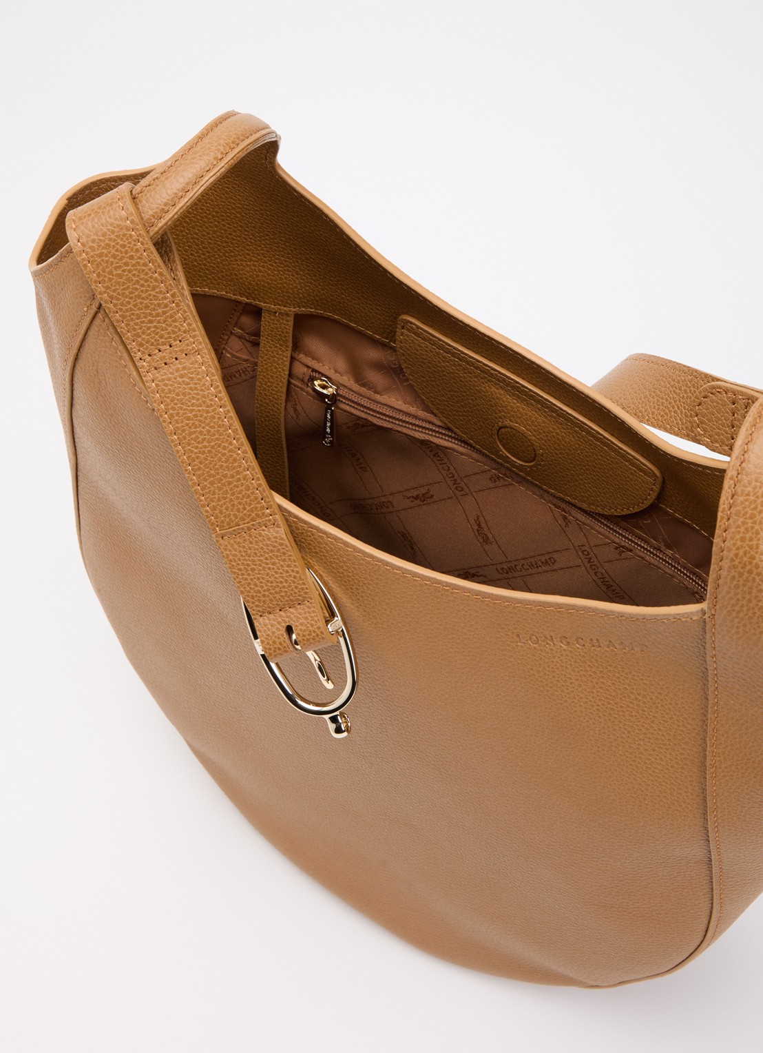 Longchamp Le Foulonné schoudertas L van leer - detail 2 cognac