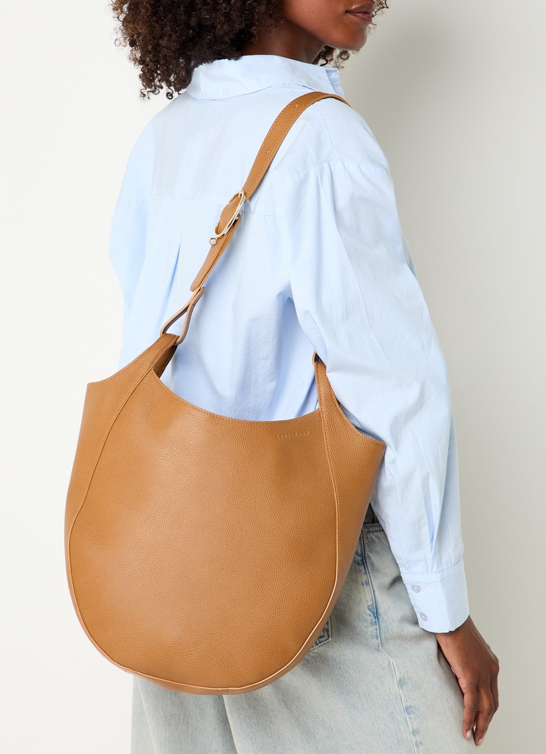 Longchamp Le Foulonné schoudertas L van leer - voorkant 6 cognac