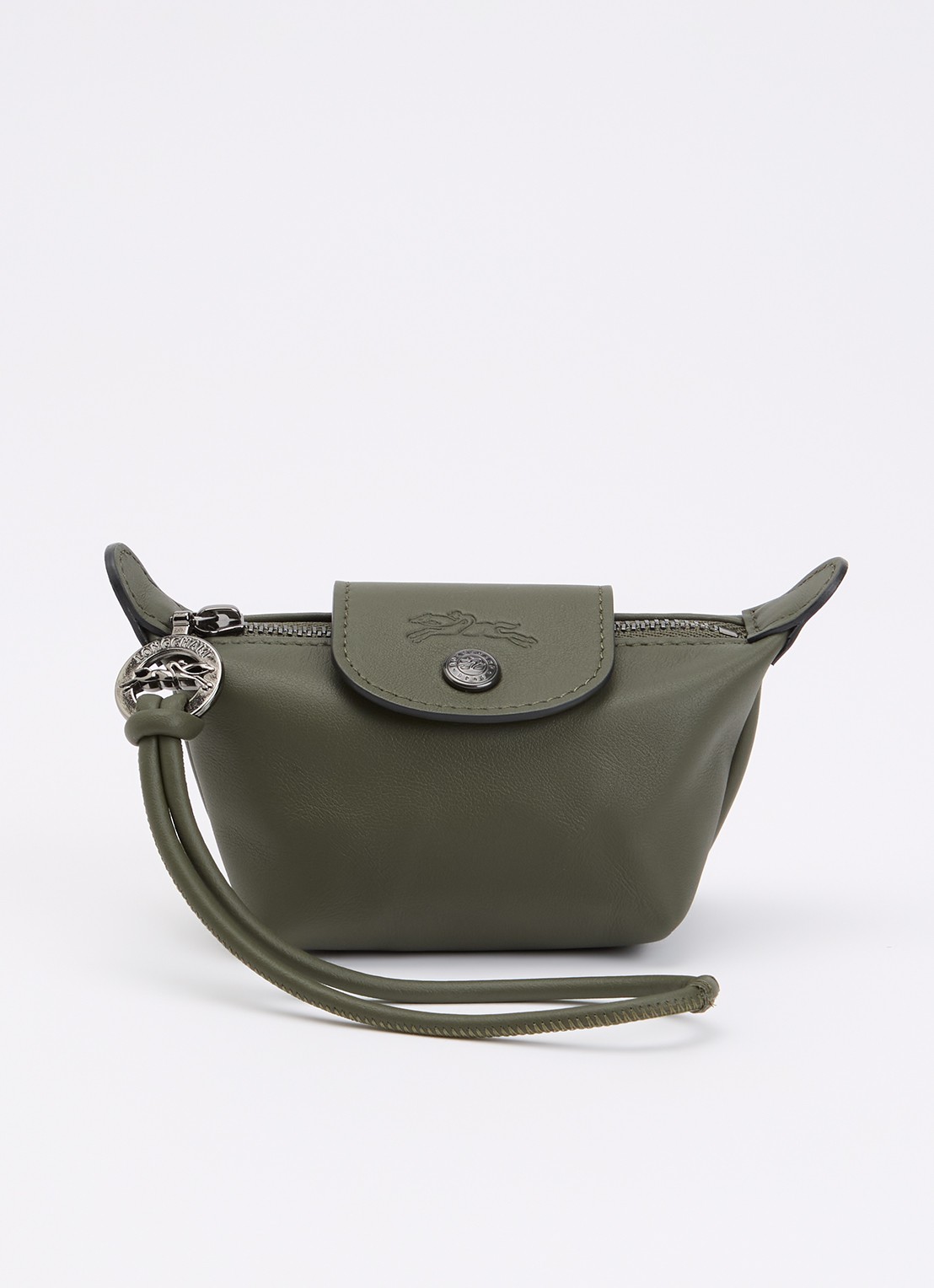 Longchamp Le Pliage clutch XS van leer - voorkant olijfgroen