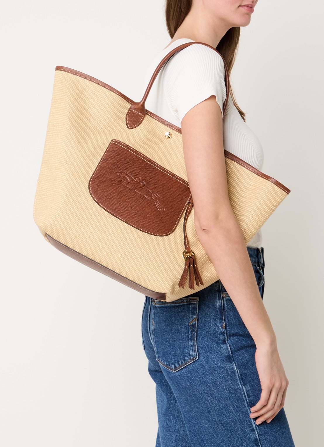 Longchamp Le Pliage Collection handtas L van canvas met leren details - voorkant 3 beige