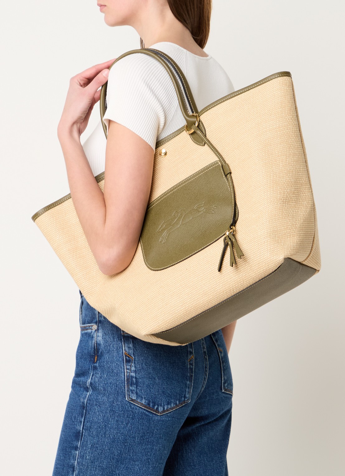 Longchamp Le Pliage Collection handtas L van canvas met leren details - voorkant 3 beige