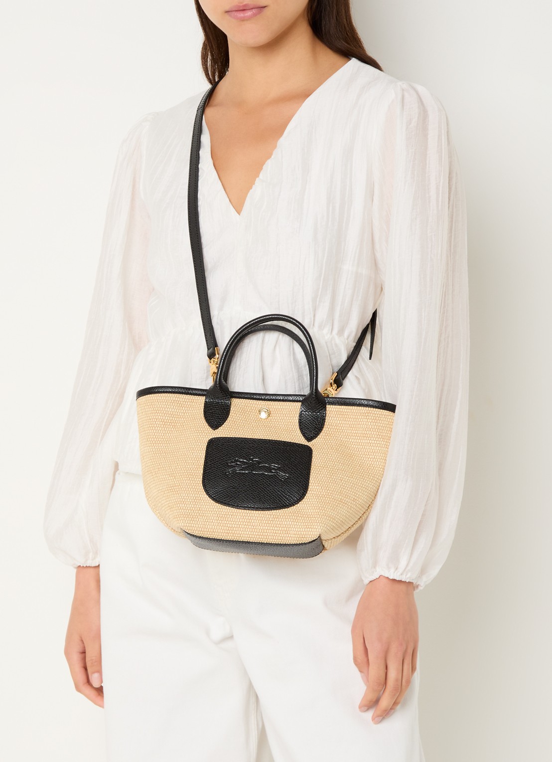 Longchamp Le Pliage crossbodytas XS van canvas met leren details - voorkant 3 zwart