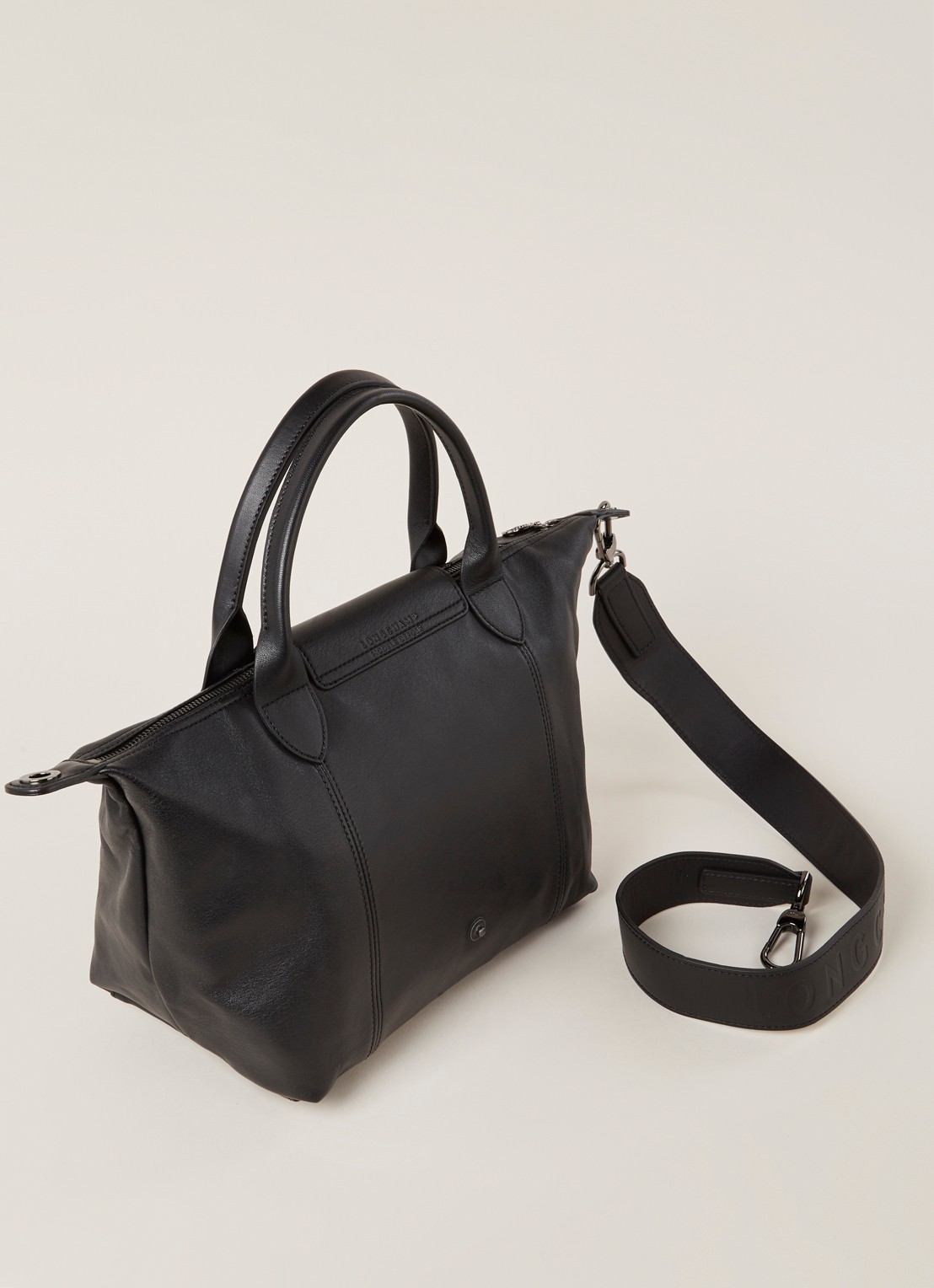 Longchamp Le Pliage Cuir handtas S van leer - detail zwart