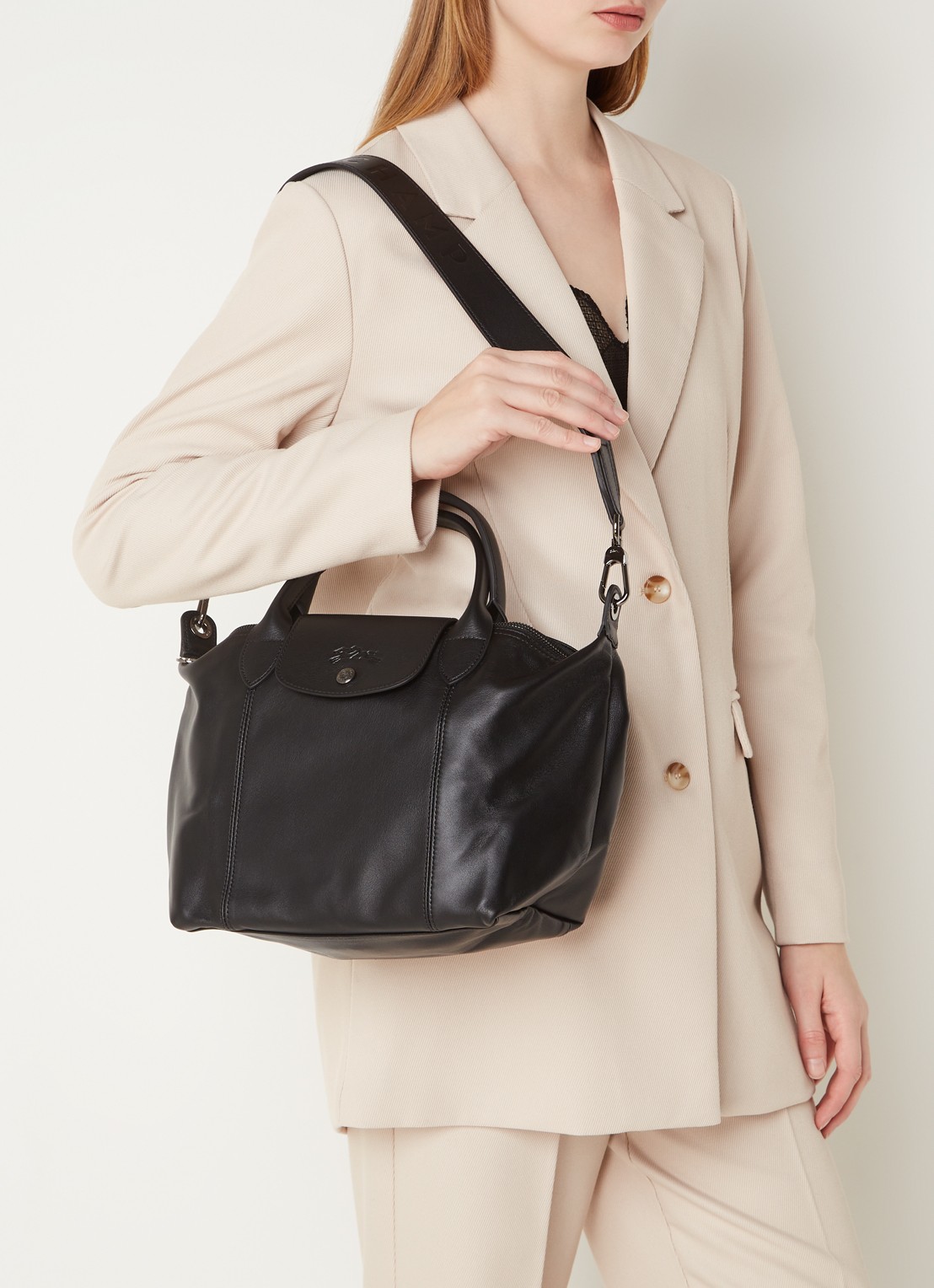 Longchamp Le Pliage Cuir handtas S van leer - voorkant 5 zwart