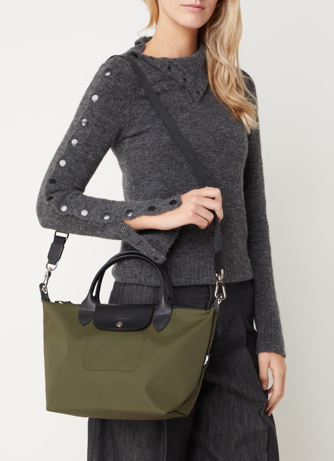 Longchamp Le Pliage Energy handtas S met leren details - voorkant 2 legergroen