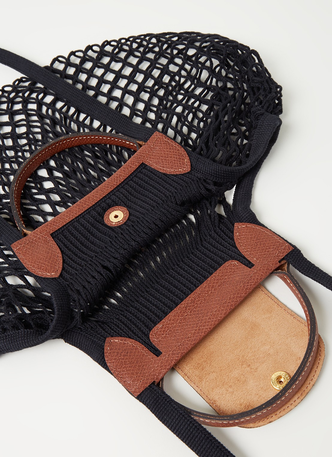 Longchamp Le Pliage Filet handtas L met leren details - detail 4 zwart