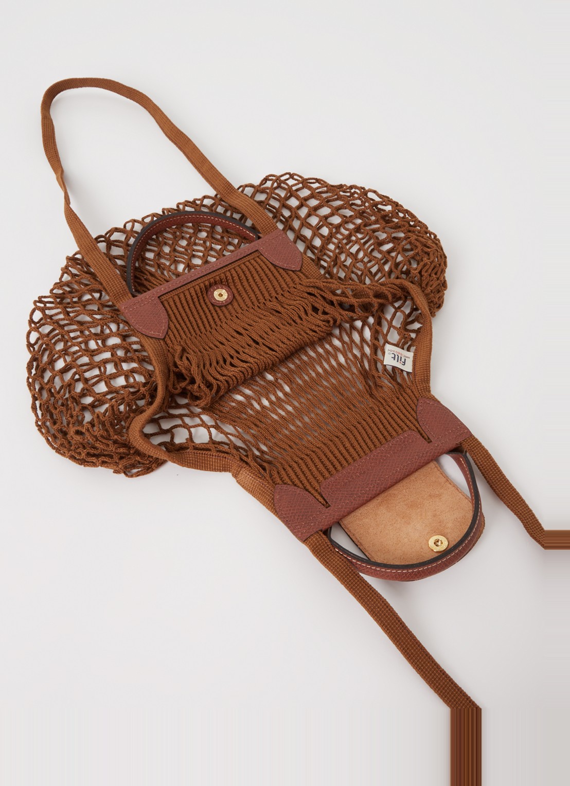 Longchamp Le Pliage Filet handtas L met leren details - detail bruin